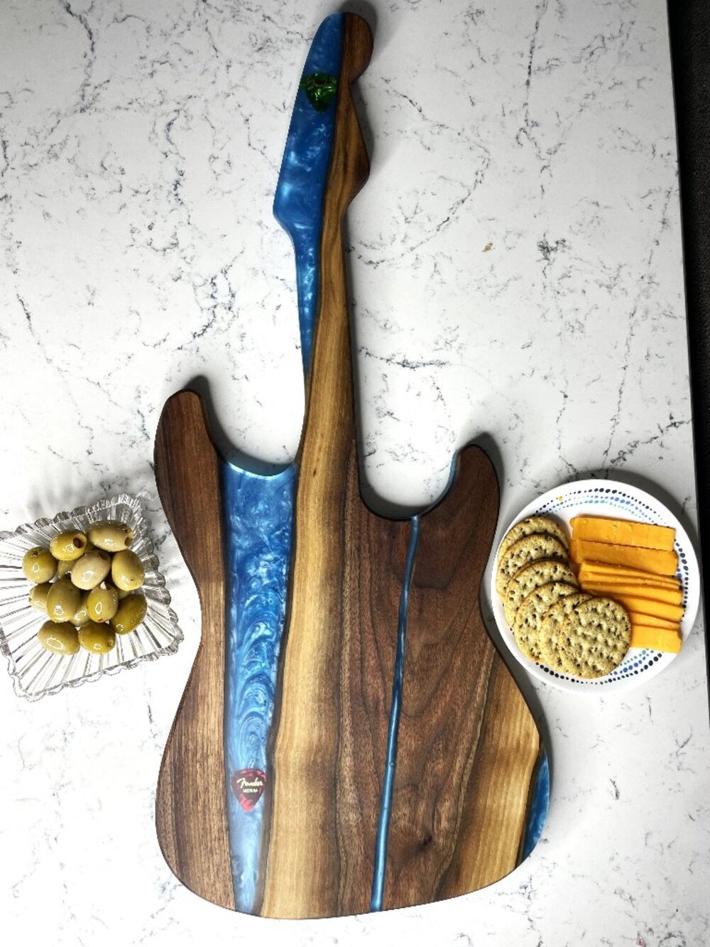 Guitar - Erie Board (Fender Strat Charcuterie Board w/ Carribean Blue Epoxy)